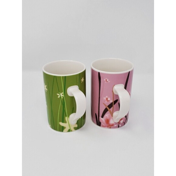 STARBUCKS SET OF TWO COFFEE MUGS 2004 MEADOW SERIES PINK AND GREEN HIS & HERS - Picture 2 of 11